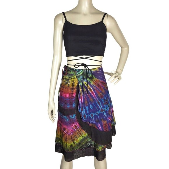 VTG Kathmandu Imports Rainbow Black Tie-Dye Wrap Skirt Festival 100% Cotton OSFM - Picture 2 of 8